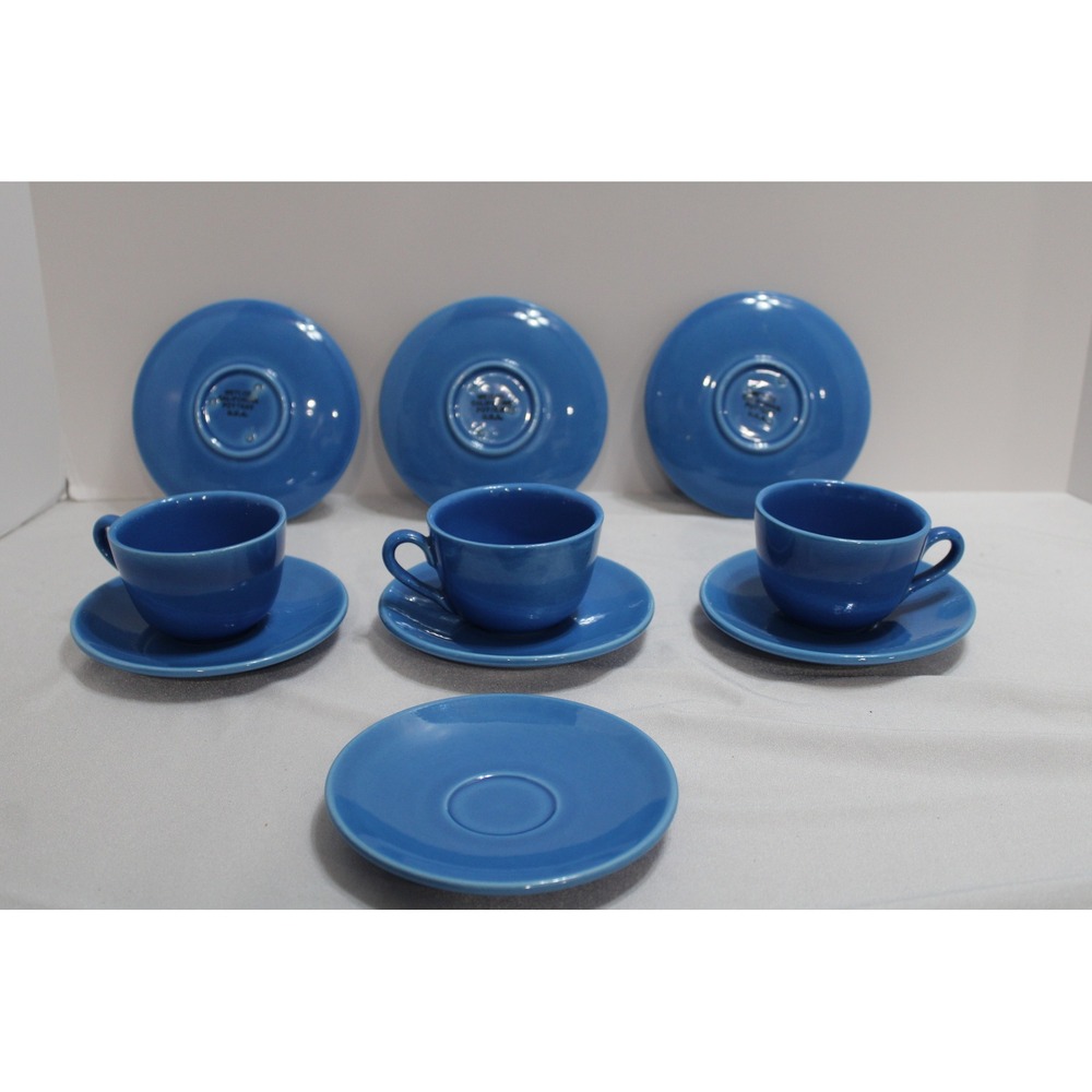 Metlox California Pottery Del Mar Blue Tea Cup and Saucer Set 10 Piece Vintage